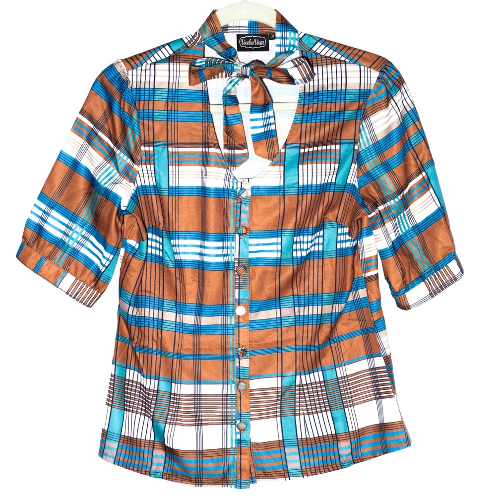 VOODOO VIXEN Plaid Blouse, Medium,Vintage-Inspired